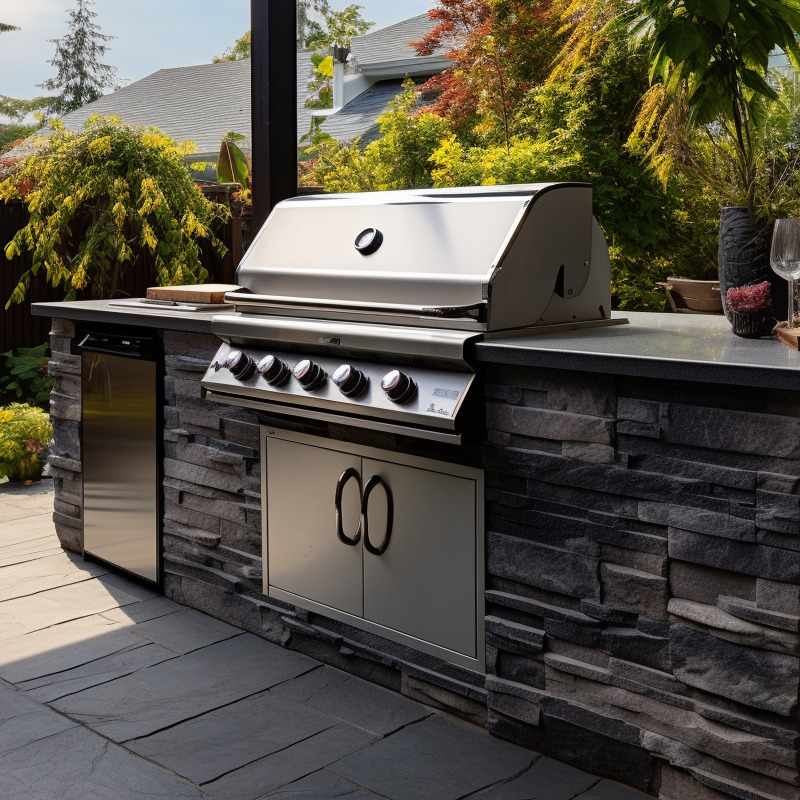 Outdoor kitchen island with gas grill and access door